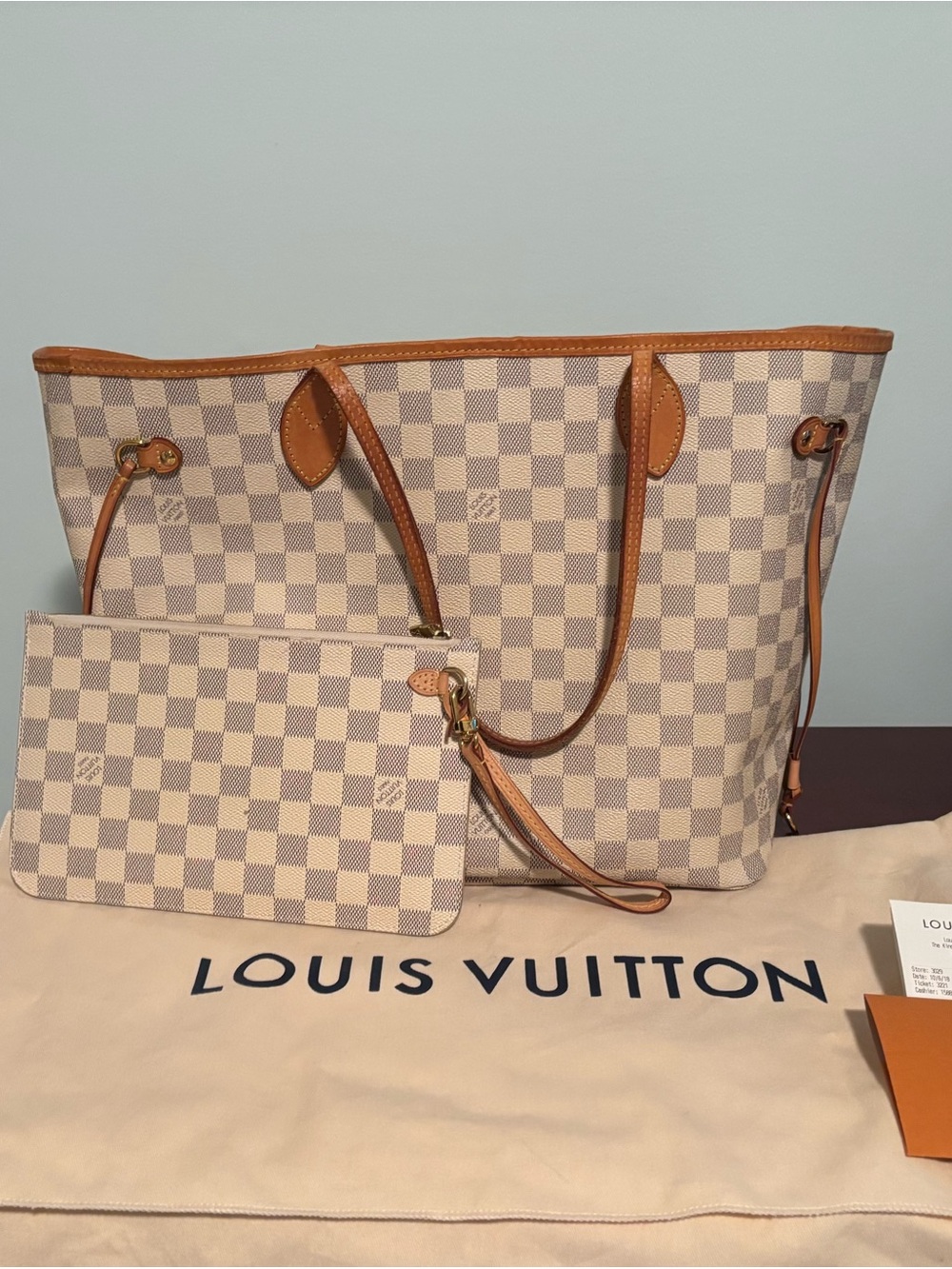 Louis Vuitton Damier Azur Neverfull MM Tote in White and Tan